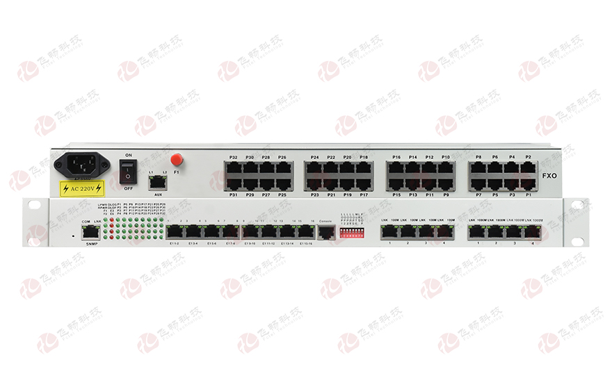 飛暢科技-32路電話+16E1+4FE+4GE+2路數(shù)據(jù)+SNMP+console（19英寸，物理隔離）電話光端機